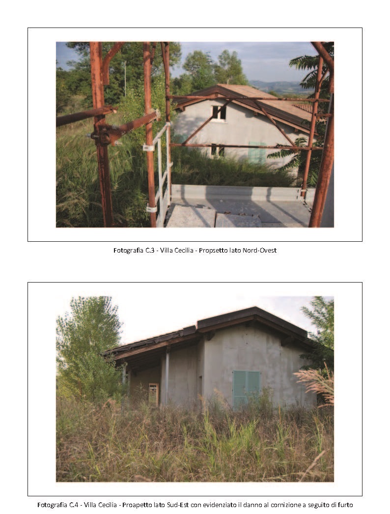 In comune di Rosciano(PE), frazione Villa Oliveti;  via Colle di Popoli snc.  Villa singola denominata "Villa Cecilia". La villa è costituita da un solo livello fuori terra con soppalco e corte di pertinenza esclusiva. L'abitazione è costituita dal soggiorno-pranzo, cucina, due camere da letto, due bagni e due ripostigli. Dal locale soggiorno si accede ad un piano soppalco destinato a sgombero. L'abitazione è completata dalla presenza di due porticati. Adiacente all'abitazione vi è un locale autorimessa senza infissi. L'area esterna di pertinenza ha una superficie utile di mq. 468 circa.