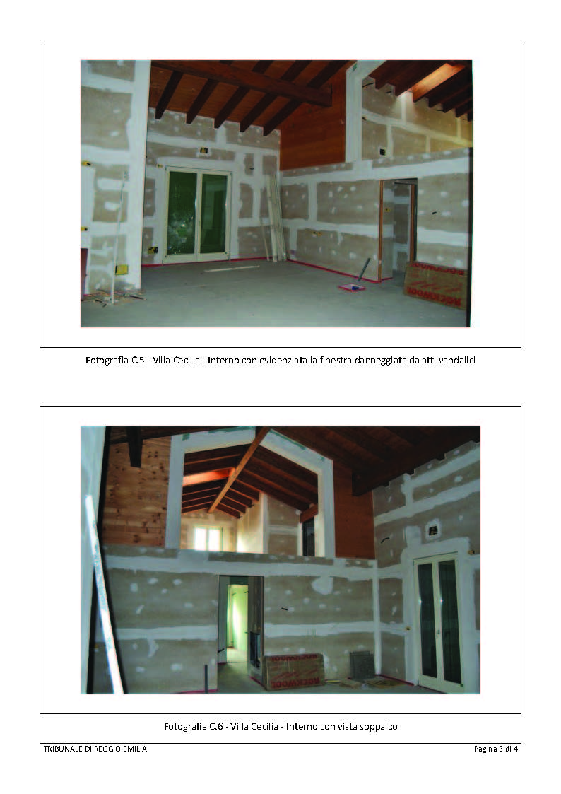 In comune di Rosciano(PE), frazione Villa Oliveti;  via Colle di Popoli snc.  Villa singola denominata "Villa Cecilia". La villa è costituita da un solo livello fuori terra con soppalco e corte di pertinenza esclusiva. L'abitazione è costituita dal soggiorno-pranzo, cucina, due camere da letto, due bagni e due ripostigli. Dal locale soggiorno si accede ad un piano soppalco destinato a sgombero. L'abitazione è completata dalla presenza di due porticati. Adiacente all'abitazione vi è un locale autorimessa senza infissi. L'area esterna di pertinenza ha una superficie utile di mq. 468 circa.
